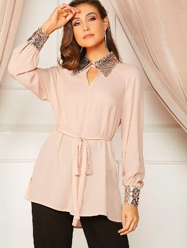 Sequin Collar & Cuff Belted Blouse Collared Satin Blouse