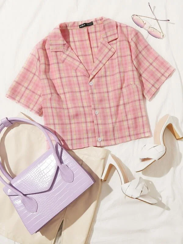 Notched Collar Tartan Crop Blouse Casual Stripe Blouse