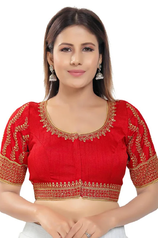 Red Silk Embroidered Short Sleeves Blouse Wrap Front Blouse