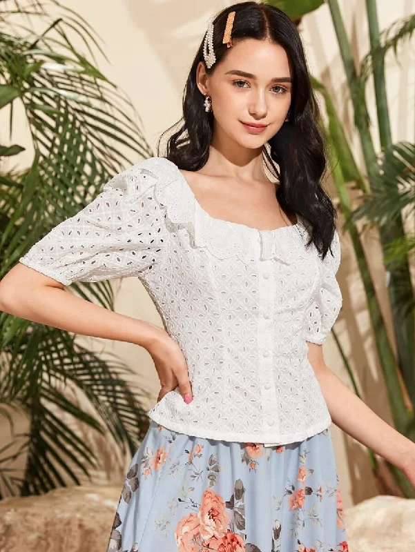 Puff Sleeve Ruffle Trim Buttoned Front Schiffy Blouse Everyday Stylish Blouse