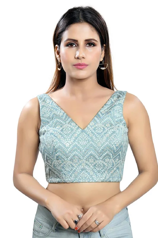 Grey Art Silk Embroidered Sleeveless Blouse Elegant Office Blouse