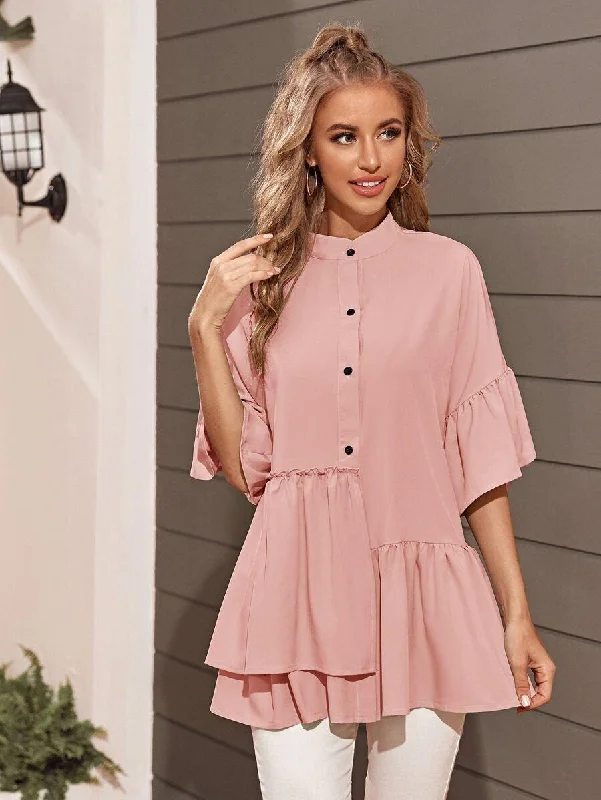 Button Front Layered Ruffle Blouse Versatile Layering Blouse