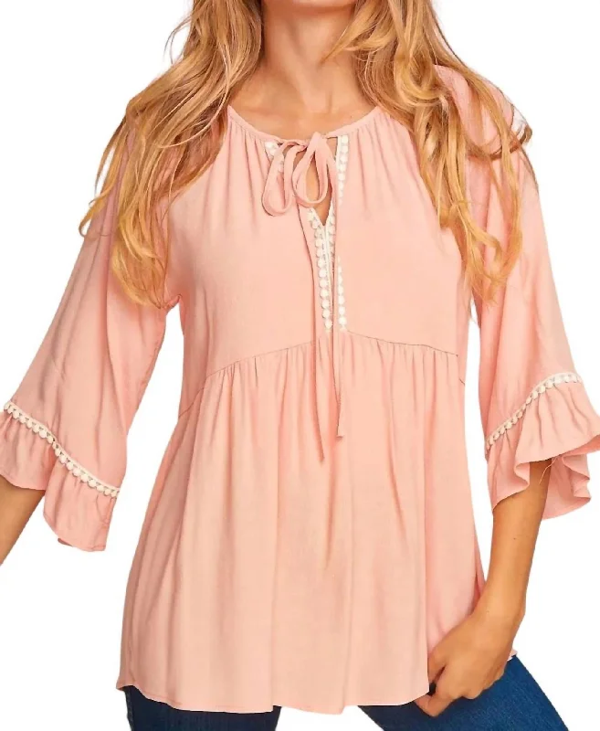Tie Crochet Detail 3/4 Sleeve Blouse In Peach Wrap Front Blouse