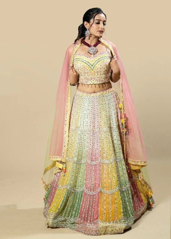 Multi-Colored Embroidered Georgette Blouse and Skirt Set with Pink Net Dupatta Balloon Sleeve Blouse
