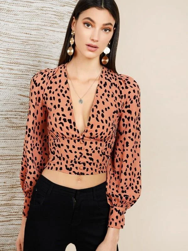 Plunging Neck Lantern Sleeve Dalmatian Blouse Embroidered Floral Blouse