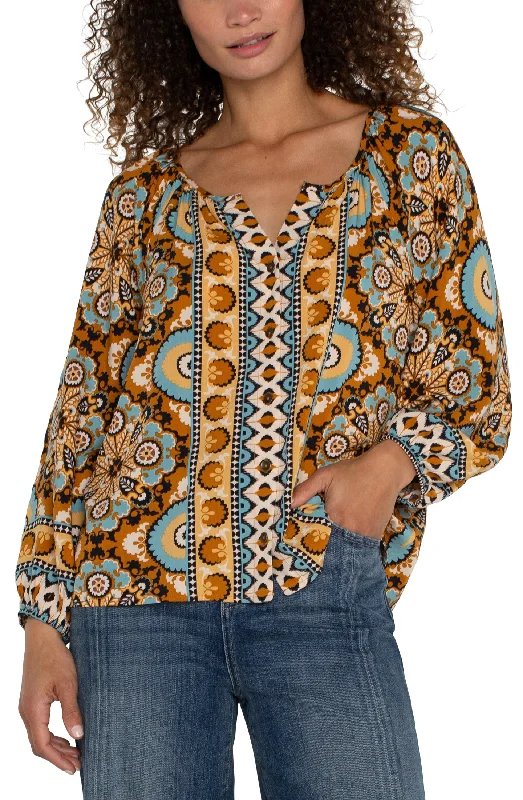 LONG SLEEVE BUTTON FRONT WOVEN BLOUSE - OCEAN JASPER Lightweight Linen Blouse