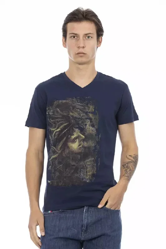 Blue Cotton Men T-shirt-- Graphic Embroidered Appliqued