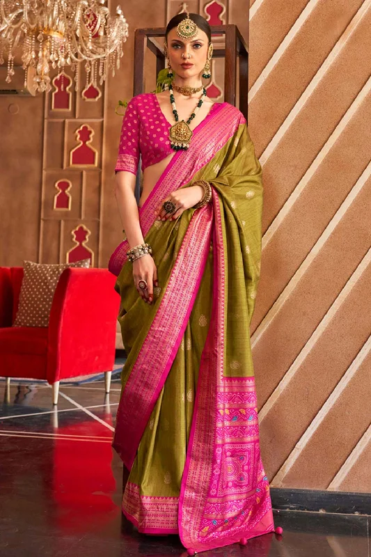 Pear Patola Silk Contemporary Saree With Unstitched Blouse Chic Square Blouse
