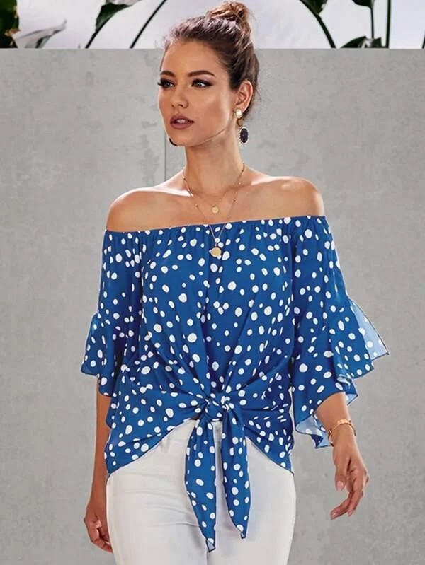 Polka Dot Off Shoulder Knot Hem Blouse Gathered Detail Blouse
