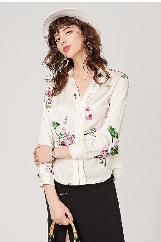 Floral Print Silk Blouse Off-Shoulder Wrap Blouse