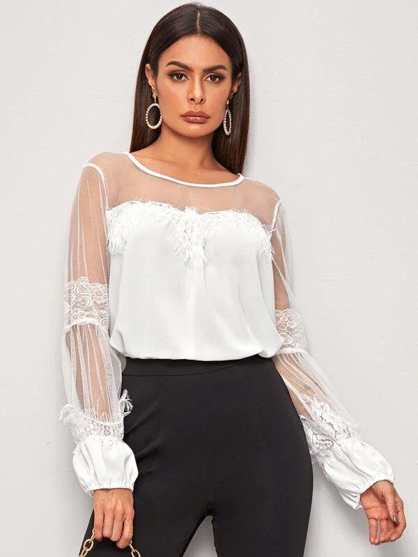 Mesh And Lace Panel Solid Blouse Sleeveless Chiffon Blouse