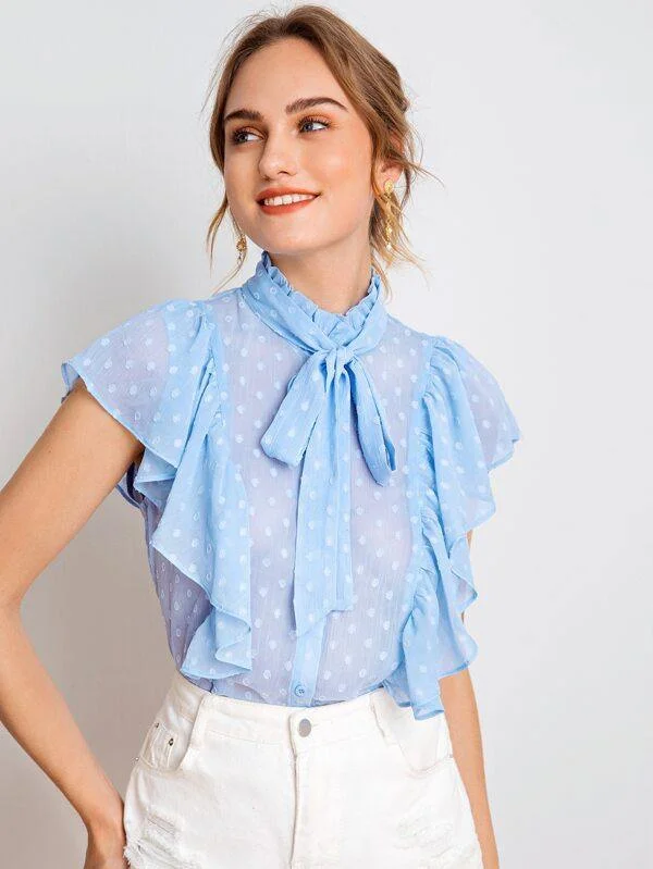 Tie Neck Ruffle Armhole Swiss Dot Semi Sheer Blouse Chic Ruffle Blouse