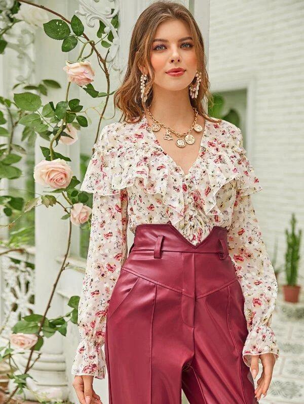 V-neck Ruffle Trim Floral Blouse Elegant Semi-Sheer Blouse