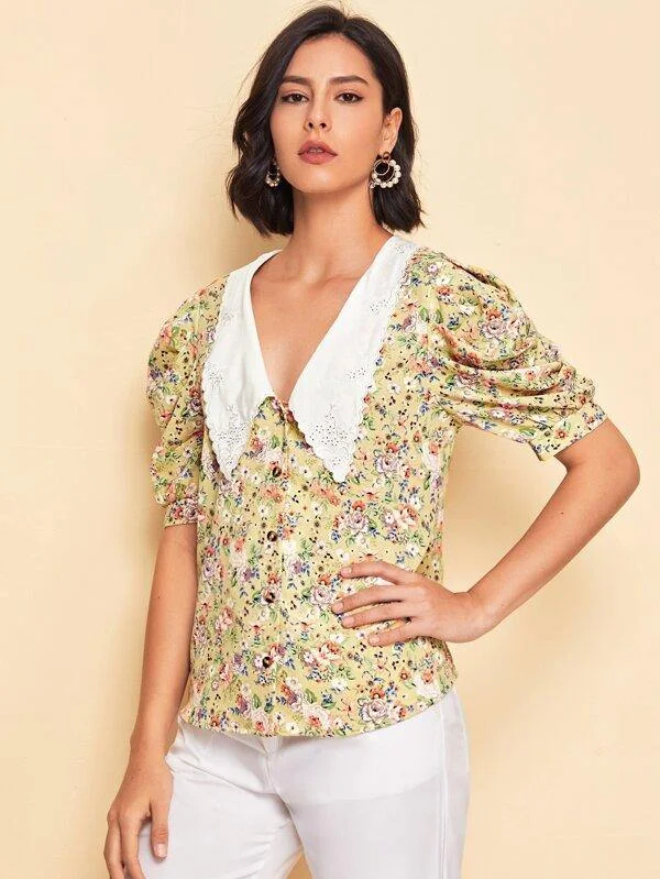 Embroidered Collar Puff Sleeve Floral Print Blouse Satin Drape Blouse