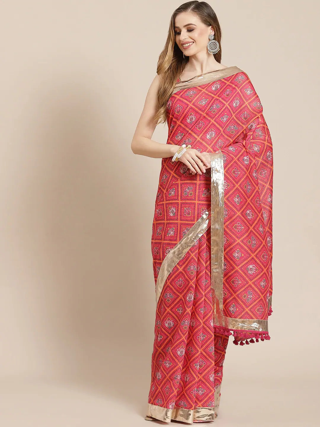 Women Pink Patola Saree With Pink Unstitched Blouse Casual Relaxed Fit Blouse
