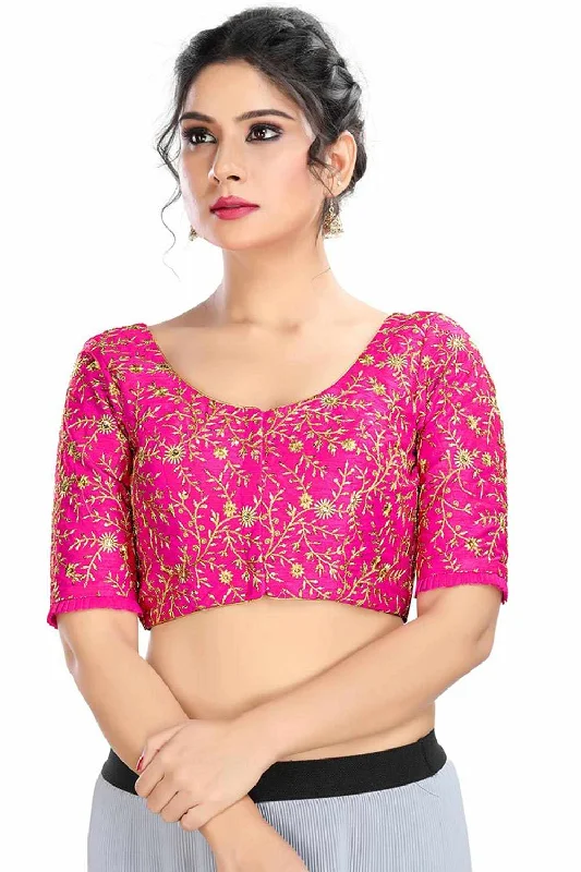Pink Dupion Silk Embroidered Short Sleeves Blouse Peter Pan Blouse
