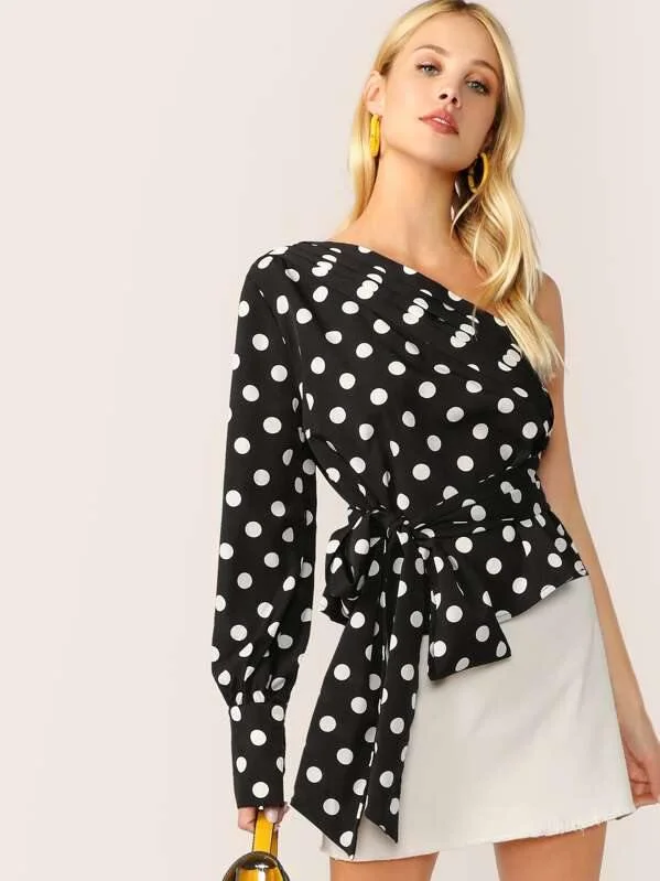 Layered Foldover One Shoulder Belted Blouse Collared Satin Blouse