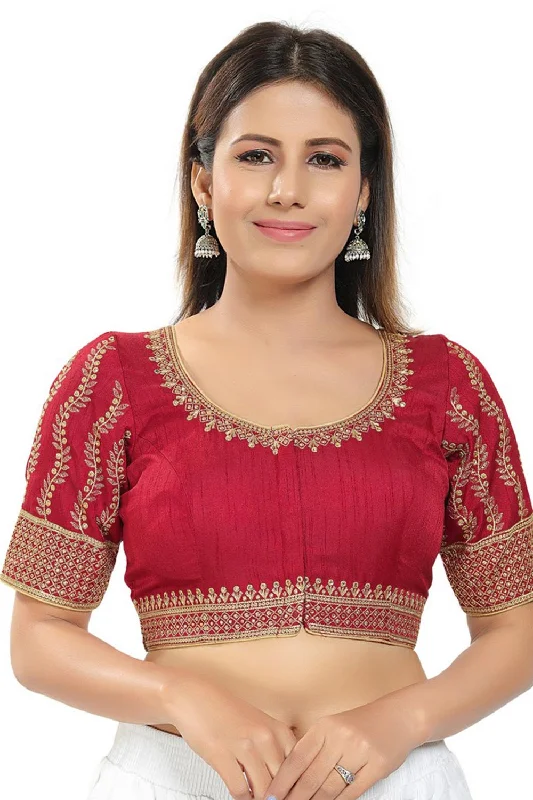 Pinkish Maroon Silk Embroidered Short Sleeves Blouse Elegant Lace Blouse