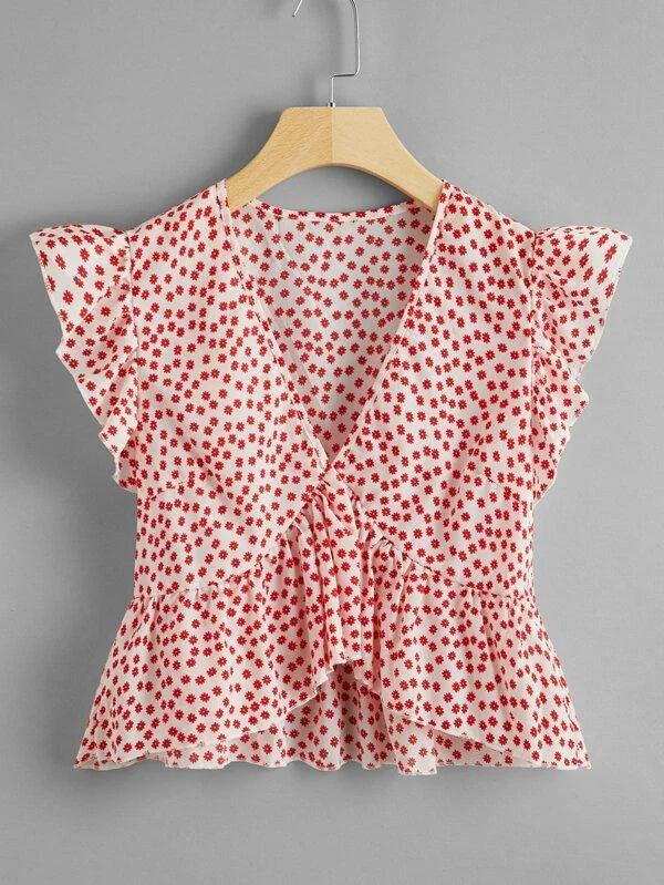 Butterfly Sleeve Ditsy Floral Peplum Blouse Lightweight Floral Blouse
