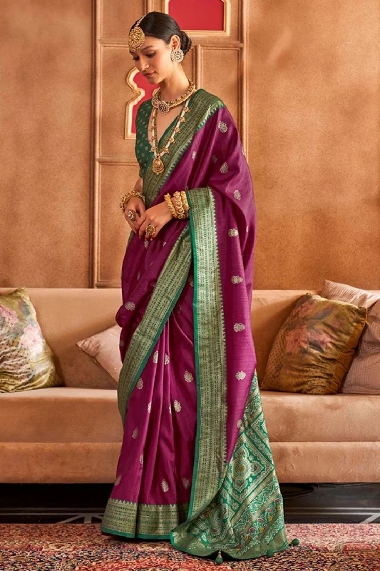 Plum Patola Silk Contemporary Saree With Unstitched Blouse Flowy Bohemian Blouse