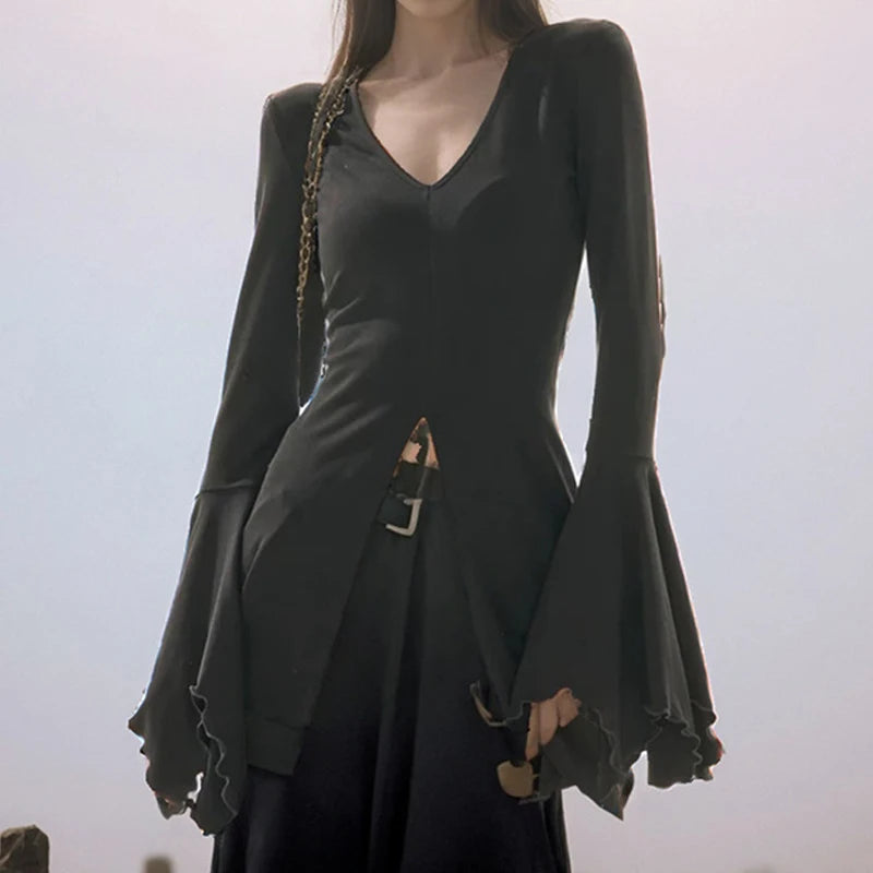 Goth Dark Fairy Grunge Flare Sleeve V-neck T-shirts Gothic Split Sexy Lettuce Hem Female Blouses Y2k Black Slim Fashion Alt Tops-- Embroidered Appliqued Beaded