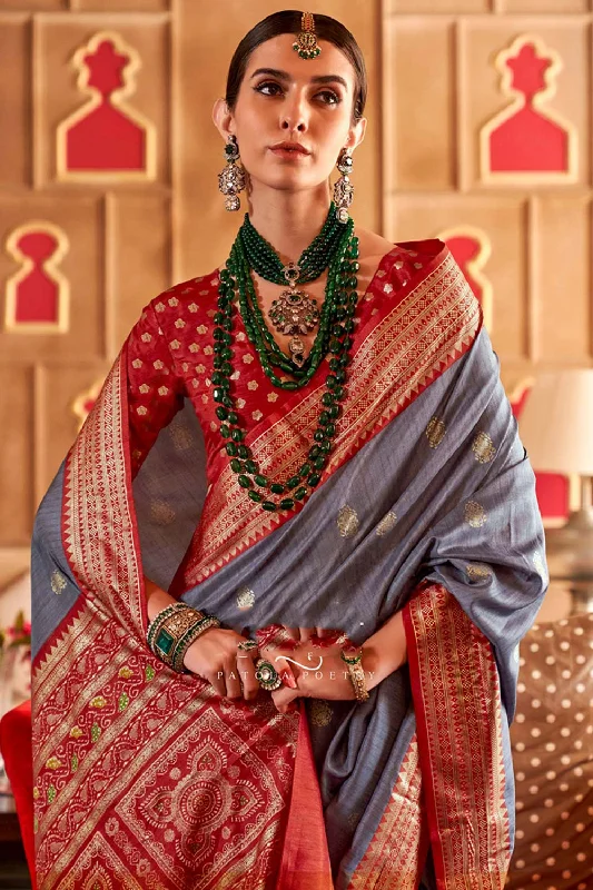 Grey Patola Silk Contemporary Saree With Unstitched Blouse Textured Cotton Blouse