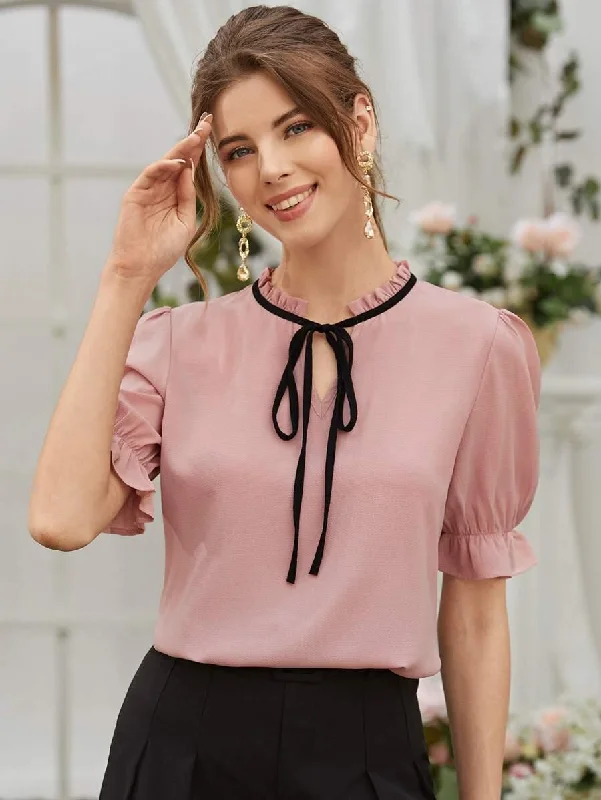 Tie Neck Flounce Sleeve Blouse Embroidered Cotton Blouse