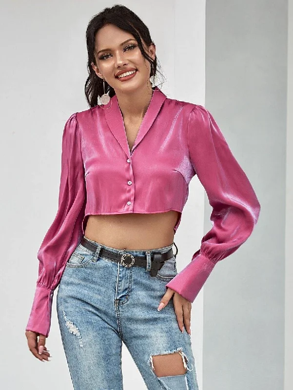 Double Crazy Lantern Sleeve Silky Crop Blouse Delicate Pleat Blouse