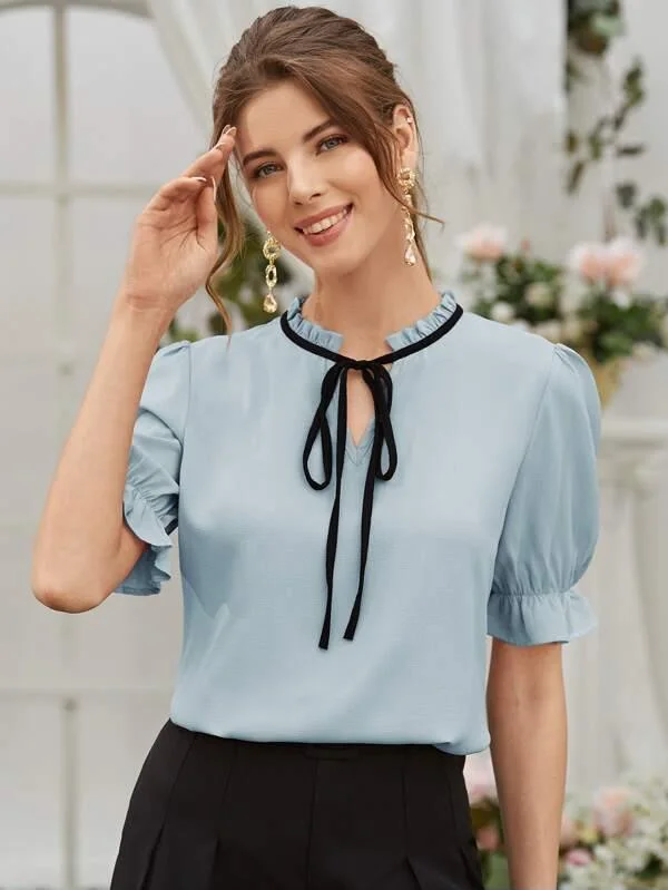 Tie Front Flounce Sleeve Blouse Classic Minimalist Blouse