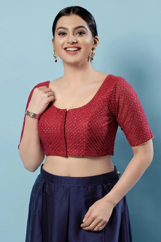 Red Net Embroidered Short Sleeves Blouse Chic Sleeveless Blouse