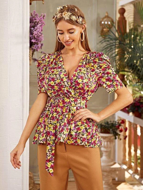 Allover Floral Surplice Neck Belted Blouse Pleated Collar Blouse