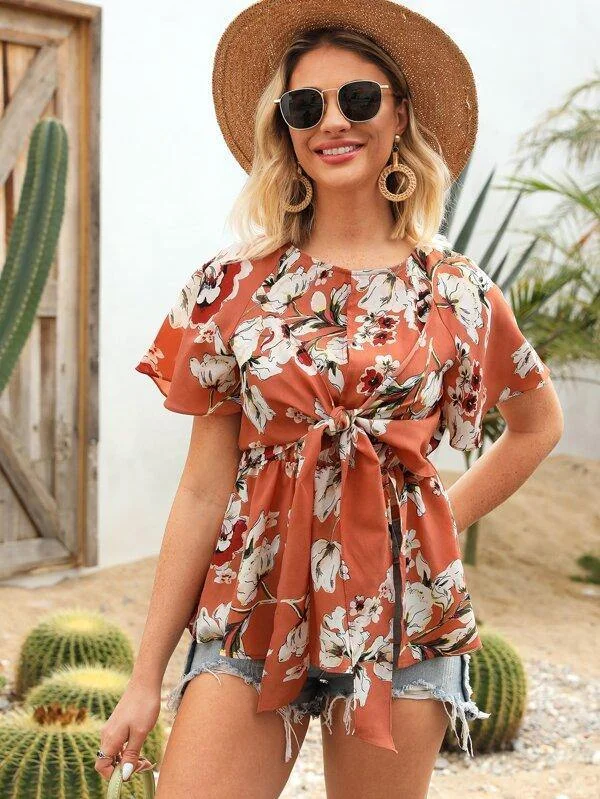 Floral Tie Front Peplum Blouse Ruffled Neck Blouse