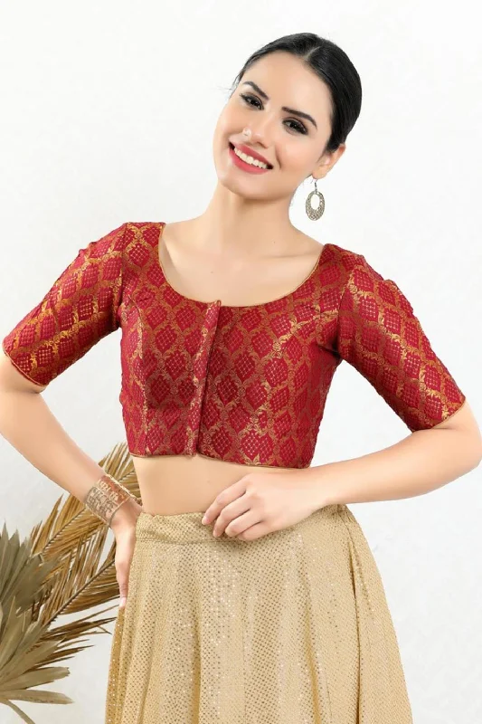 Red Brocade Woven Design Short Sleeves Blouse Smart Casual Blouse