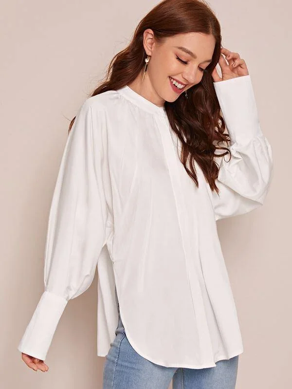 Split Hem Leg-of-mutton Sleeve Button Up Blouse Satin Long Blouse