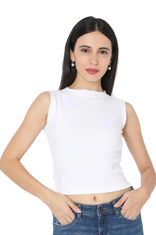 White Cotton Lycra Solid Sleeveless Blouse Delicate Pleat Blouse