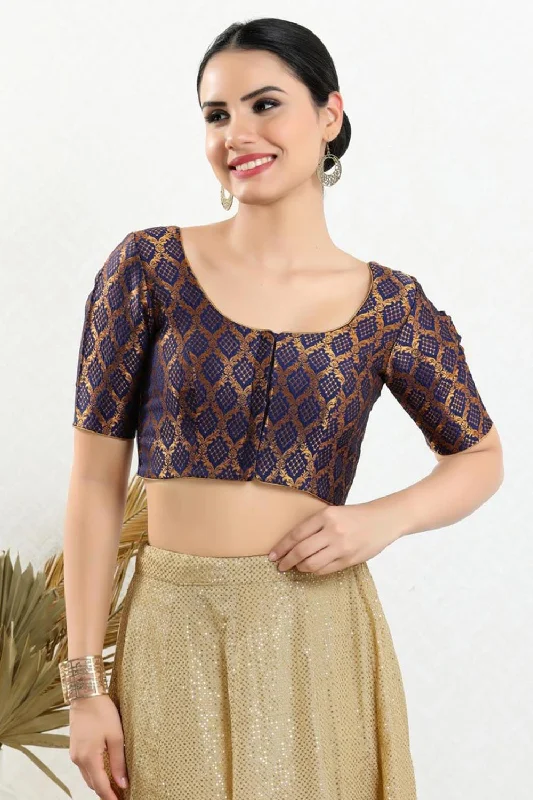 Navy Blue Brocade Woven Design Short Sleeves Blouse Classic White Blouse