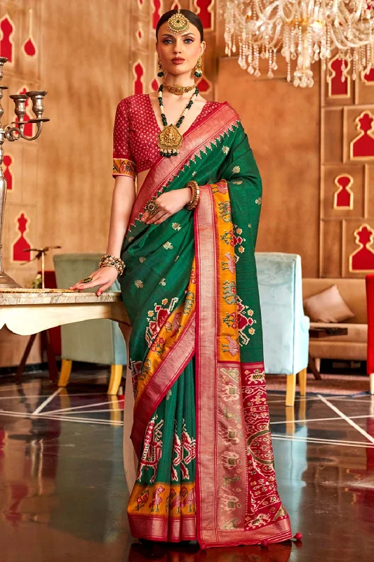 Green Patola Silk Contemporary Saree With Unstitched Blouse Delicate Bow Blouse