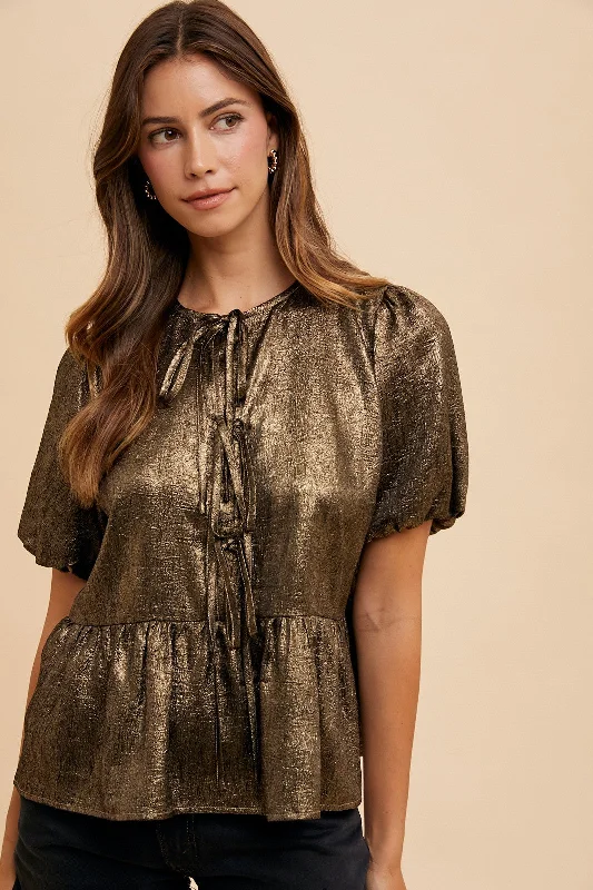 Metallic Front Tie Detail Babydoll Open Blouse Balloon Sleeve Blouse