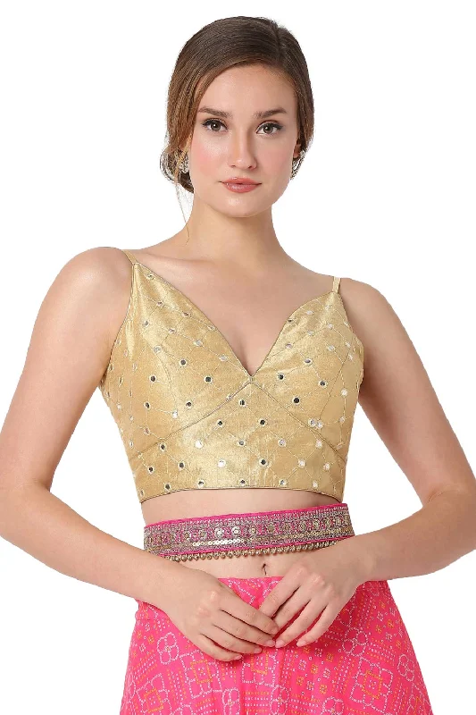 Gold Dupion Silk Embroidered Sleeveless Blouse Elegant Semi-Sheer Blouse