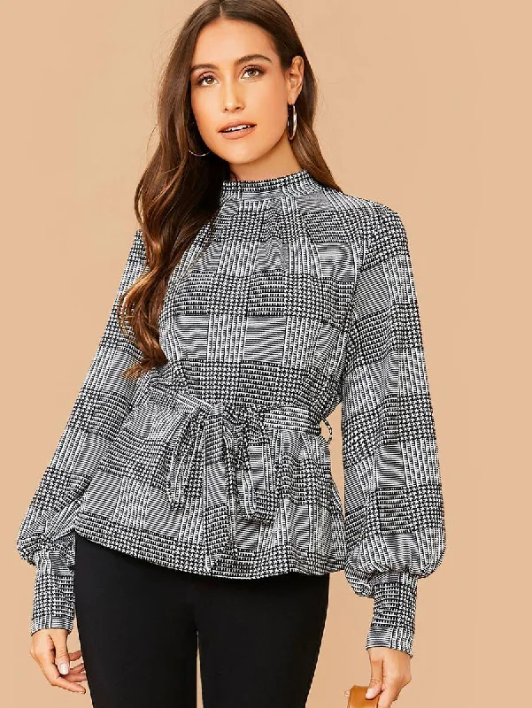 Keyhole Back Lantern Sleeve Belted Plaid Blouse Feminine Pastel Blouse