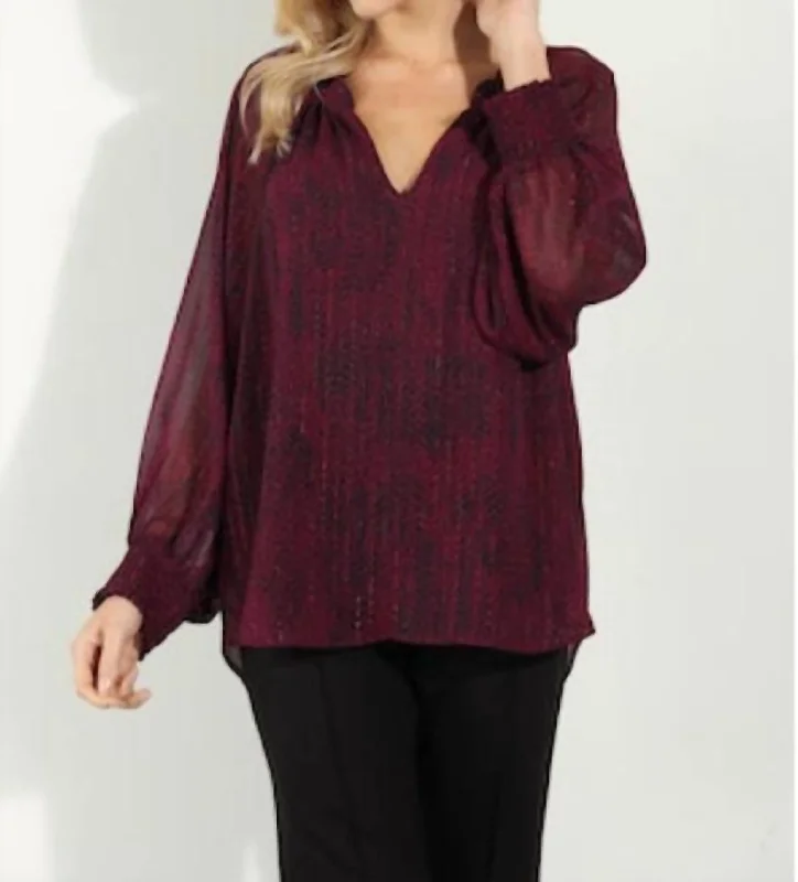 Holiday Chiffon Blouse In Burgundy Embellished Collar Blouse