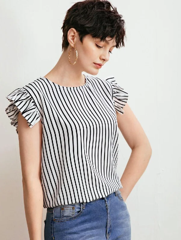 Vertical Striped Ruffle Sleeve Blouse Classic White Blouse