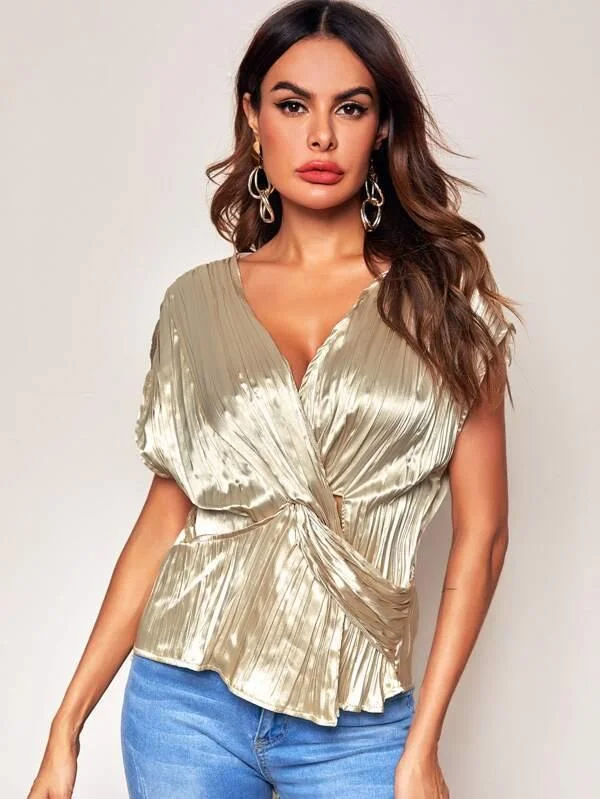 Pleated Twist Front Satin Blouse Business Casual Blouse