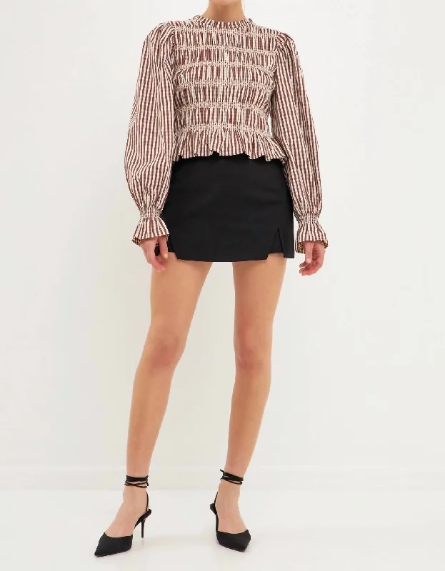Striped Smocked Embroidered Blouse In Chocolate Playful Puff Blouse