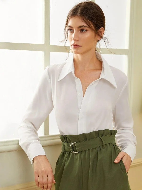 Solid Single Breasted Curve Hem Blouse Office-Ready Blouse