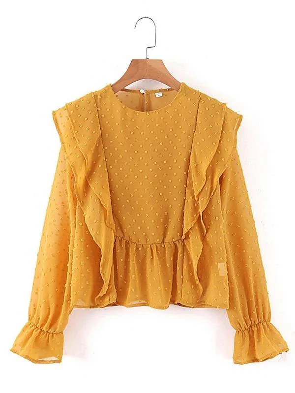 Swiss Dot Flounce Sleeve Ruffle Trim Blouse Airy Cotton Blouse