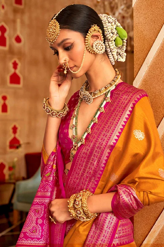 Mustard Patola Silk Contemporary Saree With Unstitched Blouse Embellished Collar Blouse
