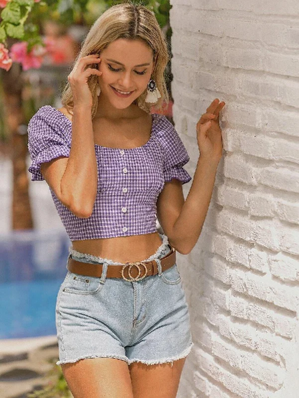 Button Front Scoop Neck Gingham Blouse Sleeveless Chiffon Blouse