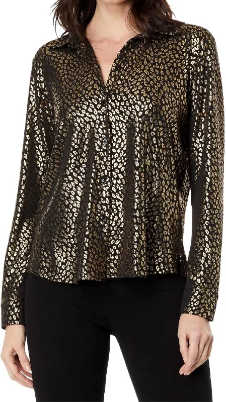 Whipstitch Detail Button Down Blouse In Black/gold Chic Ruffle Blouse