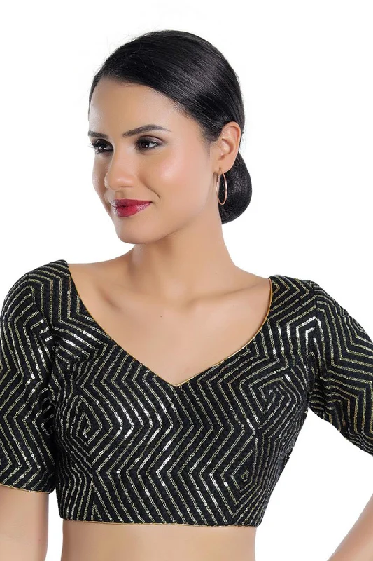 Black Silk Embroidered Short Sleeves Blouse Versatile Layering Blouse